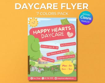 May include: A colorful flyer for Happy Hearts Daycare, featuring a cartoon sun, a kite, and a house. The flyer lists services offered, including safe environment, fun games and activities, meals included, and qualified and caring staff. It also includes contact information and hours of operation: Mon - Fri, 6am - 3pm.
