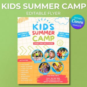 Volante de campamento de verano para niños, plantilla de Canva, plantilla de volante, evento divertido, volante para niños, Canva editable, descarga instantánea, PDF, campamento, verano, niños