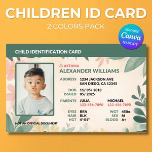 Back to School Child ID Card, Template, Editable Canva Design, Printable Kids Safety Card, Customizable Emergency Contact, For Parents