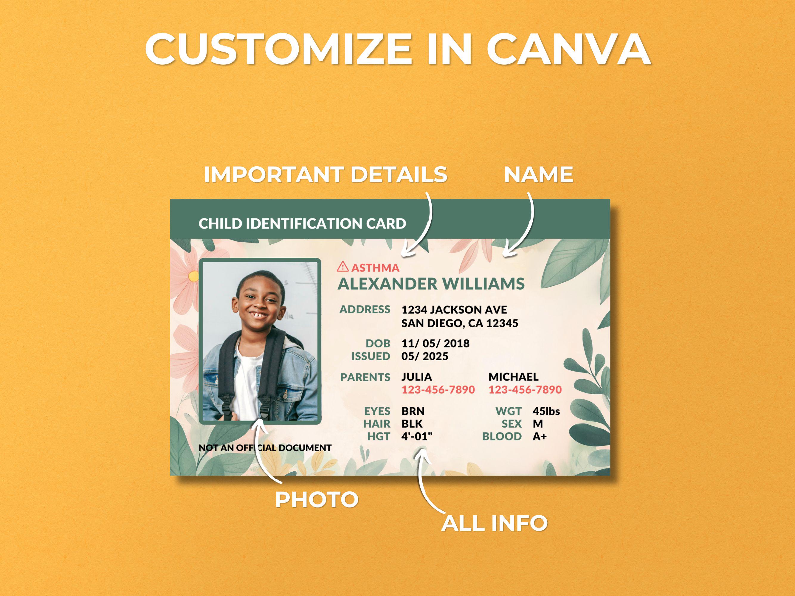 Back to School Child ID Card, Template, Editable Canva Design ...
