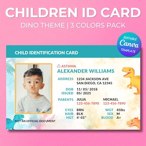 Back to School Child ID Card, Template, Editable Canva Design, Printable Kids Safety Card, Customizable Emergency Contact, For Parents