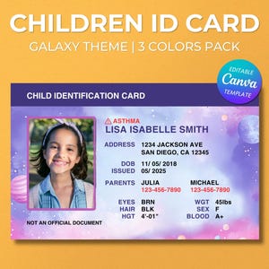 Modèle de carte d'identité pour enfant, toile modifiable, carte de sécurité imprimable pour enfants, carte de visite d'urgence personnalisable, téléchargement, galaxie, étoiles