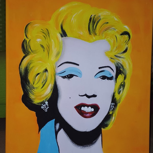 Peinture acrylique sur toile 60x50 "Les diamants sont les meilleurs amis des filles" - peindre comme Warhol, portrait de femme, Marilyn Monroe | avec 2 pierres scintillantes