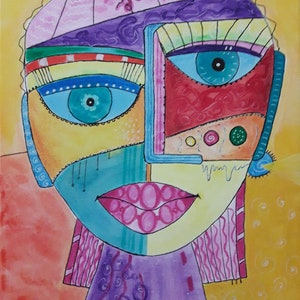 Könnte beinhalten: Abstrakte Malerei eines Gesichts mit bunten geometrischen Formen und Mustern. Das Gesicht ist gelb, blau, grün, rot und lila. Die Augen sind blau mit schwarzen Pupillen. Der Mund ist rosa mit einem weißen Umriss. Der Hintergrund ist gelb mit weißen Wirbeln.