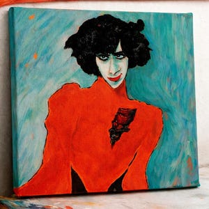 Peut inclure: Peinture à l'huile sur toile représentant une personne aux cheveux noirs et vêtue de rouge sur fond bleu. Le tableau a un style unique avec des coups de pinceau audacieux et le texte "ZU VERKAUFEN!" en rouge.