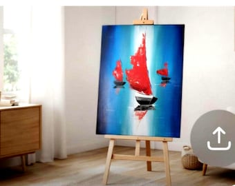 Modernes Acrylgemälde Segelboot – Rotes Segel auf Meer, Original Leinwandbild 40x50 cm, Maritime Wandkunst