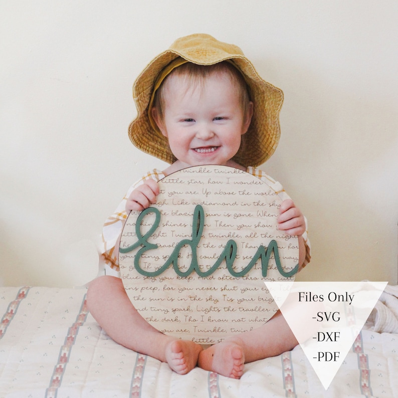 Pu&ograve; includere: Un cartello di legno verde con il nome "Eden" scritto in corsivo. Il cartello &egrave; tenuto da un bambino piccolo che indossa un cappello di sole giallo e una camicia a quadri. Il cartello &egrave; davanti a uno sfondo bianco con le parole di "Twinkle Twinkle Little Star" stampate su di esso.