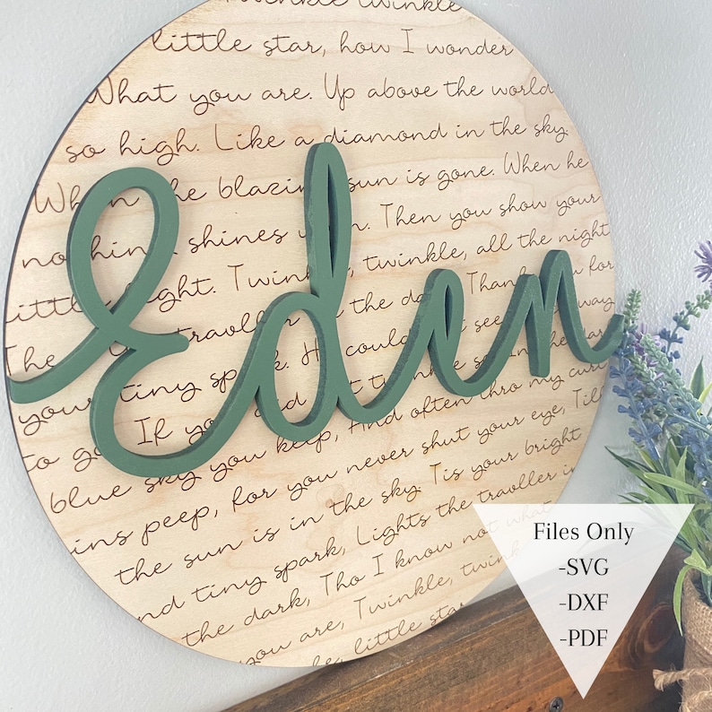 Pu&ograve; includere: Un cartello rotondo in legno con il nome "Eden" scritto in grandi lettere verdi. Il cartello ha uno sfondo in legno chiaro con una poesia su una stella scritta in corsivo.