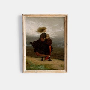 May include: A painting of a young girl with long, flowing blonde hair, wearing a dark dress and red shoes, standing on a rocky shore with a stormy sea in the background.