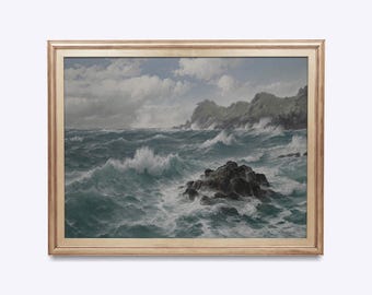 May include: A framed oil painting depicting a stormy seascape with crashing waves and rocky cliffs. The sky is a mix of gray and blue with fluffy white clouds.