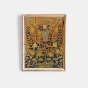 Puede incluir: Una pintura enmarcada con un diseño floral estilizado sobre un fondo amarillo. La pintura presenta tres árboles con troncos azules y hojas verdes. Los árboles están adornados con flores rosas, amarillas y rojas.