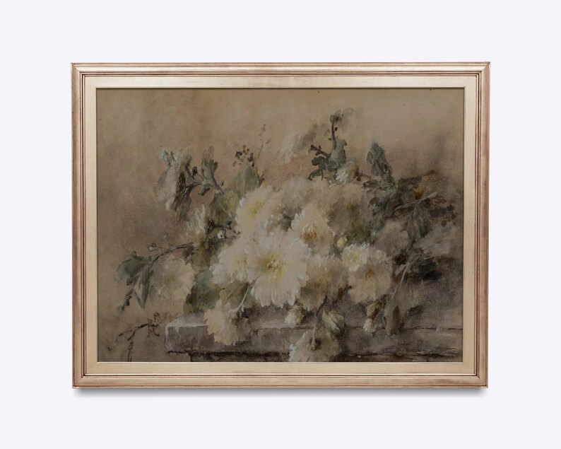 Elegant Flower Painting Vintage Botanical Still Life Print Rustic Wall