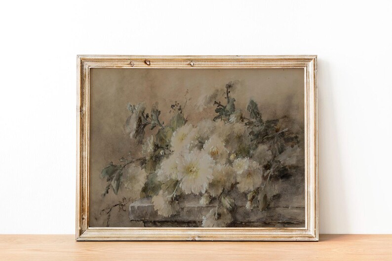 Elegant Flower Painting Vintage Botanical Still Life Print Rustic Wall