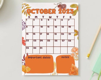 October 2023 Calender Aesthetic Downloaded Printable Autumn Fall For Kids