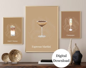 Cocktail Print Set of 3, Digital Download, Cocktail Poster, Bar Printable Art, Trendy Wall Art, Drinks Wall Decor, Cocktail Digital Wall Art