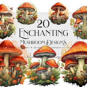 Ornate Mushroom Clipart Collection, Cute Mushroom PNG, Fantasy Mushroom Clipart, Groovy Mushroom Clipart, Transparent Background