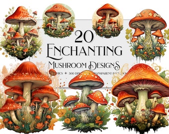 Ornate Mushroom Clipart: Groovy Fantasy PNG Collection (Transparent Background)