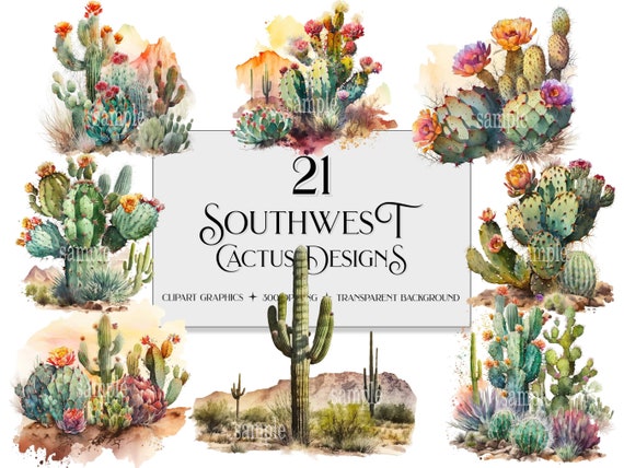 Watercolor Cactus Clipart: Southwest Desert PNG Graphics (Commercial Use)