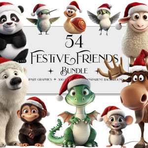 Christmas Animal Clipart: Festive Santa Hats PNG (Digital Download)