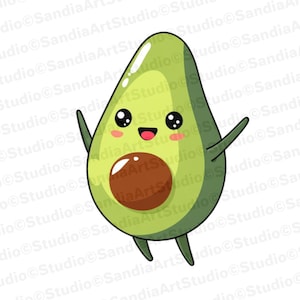 Personaggio di un avocado felice e carino, stile cartone animato kawaii, uso commerciale, arte semplice e minimalista con posa giocosa ed espressiva.