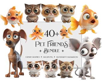 Könnte beinhalten: Eine digitale Illustration von über 40 Cartoon-Haustierfreunden, darunter Katzen, Hunde und Goldfische. Das Bild enthält den Text "40+ Pet Friends Bundle".