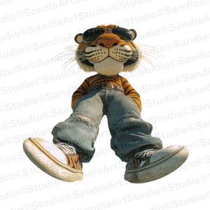90年代風のクールな漫画風トラ（サングラスとバギーパンツ付き）商用利用可、楽しいレトロな3D動物キャラクターアート