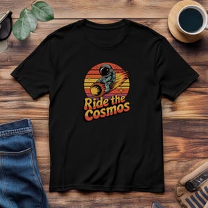 Reiten Sie den Kosmos Retro Astronaut Reiten Komet Space Art Design für den kommerziellen Gebrauch Ideal für Bekleidungsdruckprojekte