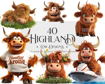Puede incluir: Un conjunto de 40 ilustraciones digitales de vacas Highland en varias poses. Las vacas son de estilo caricaturesco y tienen expresiones faciales expresivas. Las ilustraciones son perfectas para usar en manualidades, scrapbooking y otros proyectos creativos.