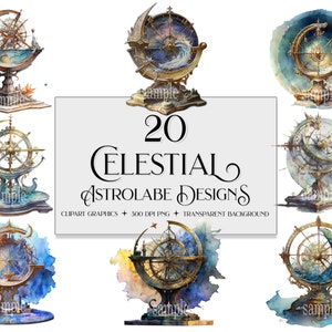 Puede incluir: Veinte ilustraciones de acuarela de diseños de astrolabios celestiales. Cada diseño presenta una brújula, una luna creciente y un marco circular con detalles intrincados. Las ilustraciones se encuentran sobre un fondo de acuarela.