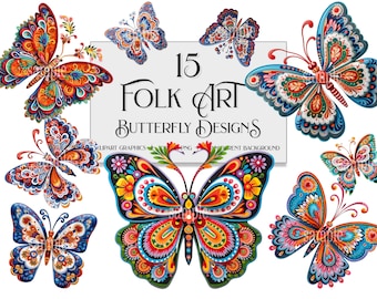 Images clipart de papillons d'art populaire : 15 motifs PNG colorés (téléchargement numérique)