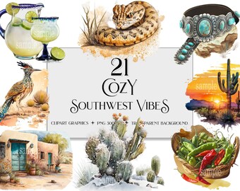 Southwest Clipart: Desert Sunset, Cactus, Travel (PNG, Commercial Use)