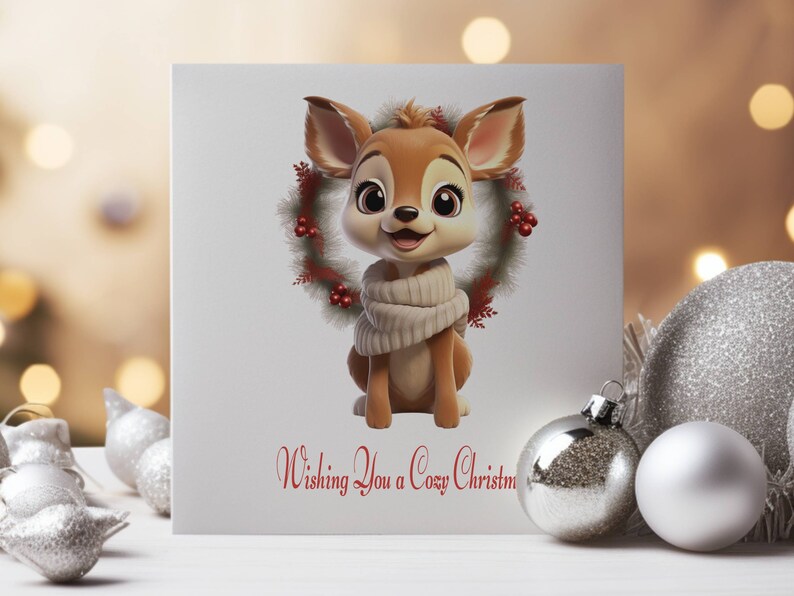 May include: A Christmas card featuring a cartoon deer wearing a white scarf and a red and green wreath around its neck. The card has the text "Wishing You a Cozy Christmas" printed on it.