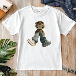 Fantastico cartone animato di tigre in stile anni '90 con occhiali da sole e pantaloni larghi per uso commerciale, divertente personaggio animale retrò in 3D.