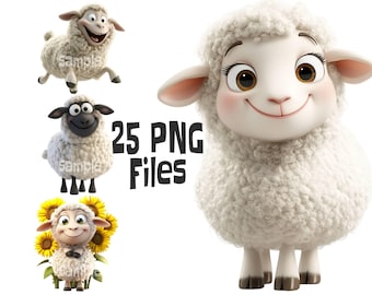 Sheep Clipart, Whimsical Nursery Art (PNG Files, 300 DPI, 13x13 in, 25 Pieces)