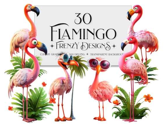 Tropical Flamingo Clipart, Summer PNG Graphics (Digital Download)