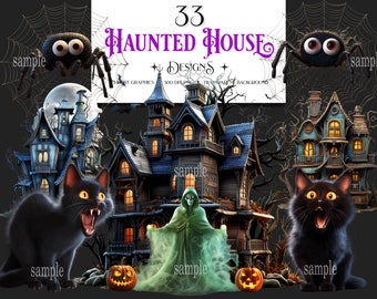 Haunted House Clipart, Cute Halloween Clipart, Creepy Halloween Clipart, Spooky Haunted House, Transparent Background, Commercial Use