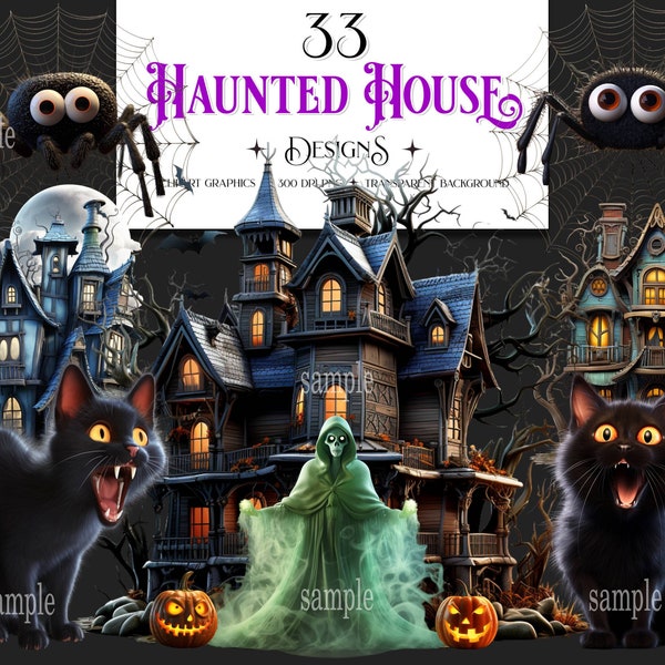 Haunted House Clipart, Cute Halloween Clipart, Creepy Halloween Clipart, Spooky Haunted House, Transparent Background, Commercial Use