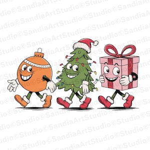 Ilustración de árbol de Navidad retro caprichoso con adornos y personajes de regalo para uso comercial, manualidades y decoración navideña