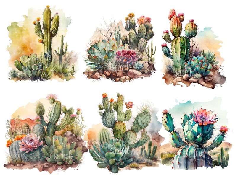 Colorful Watercolor Cactus Clip Art Collection, Instant Download, Printable Art, Digital Graphics, Commercial Use, Boho Decor, Southwest Style, Succulent Plants, Botanical Illustrations