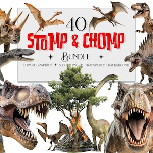 Stomp & Chomp Dinosaur Clipart Set, 40 PNG Dino Graphics com fundo transparente, Cute T-Rex Triceratops Velociraptor Clip Art Bundle