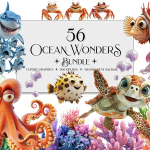 Ocean Animal Clipart, Jellyfish Clipart, Ocean Friend Clipart, Dolphin PNG, Sea Turtle Clipart, Octopus Clipart, Cute Sea Creature Clipart