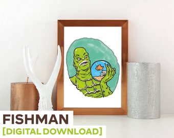 Gill-man Creature from the Black Lagoon illustration | Monster horror cartoon | Instant download artwork for personal print or digital use
