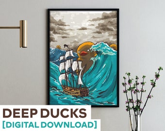 The Dreaded Rubber Duckies of the Deep Sea | Instant download illustrated horror comedy poster | Artwork for personal print or digital use