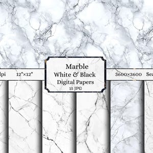 May include: 15 digital papers featuring seamless white and black marble patterns. Each paper is 3600x3600 pixels and 300 dpi. The papers are 12 inches by 12 inches.
