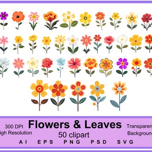 Flowers and Leaves SVG Clipart, Minimalist Flowers Illustration Bundle, Vectors Clipart, 300 DPI PNG Files, Instant Download, Commercial Use