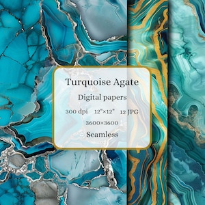 Könnte beinhalten: Digitale Papiere mit einem Türkis-Achat-Design. Das Bild zeigt ein nahtloses Muster in Türkis-, Grau- und Goldtönen. Der Text lautet "Turquoise Agate Digital papers 300 dpi 12"x12" 12 JPG 3600x3600 Seamless."