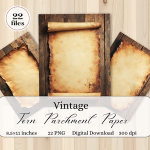 Könnte beinhalten: Digitaler Download von Vintage-Torn-Pergamentpapier. Das Bild zeigt drei Stücke gealtertes Papier mit einem verwitterten, strukturierten Aussehen. Das Papier ist 21,59 x 27,94 cm groß. Der Text "Vintage Torn Parchment Paper" ist enthalten.