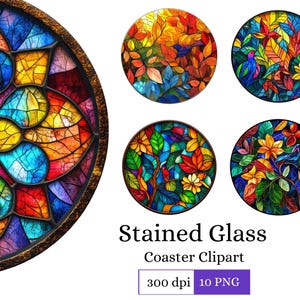 Könnte beinhalten: Set mit 10 Untersetzern aus Buntglas mit farbenfrohen Blumendesigns. Jeder Untersetzer hat 300 dpi und ist im PNG-Format verfügbar.