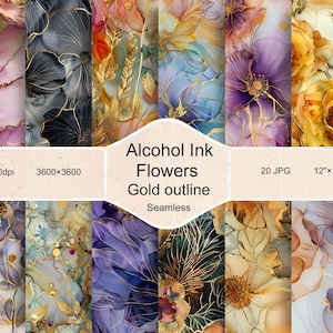 Alcohol Ink Flowers Digital Papers,  Golden Outline Florals Seamless Patterns, Scrapbook, Backgrounds and Textures, Instant Download