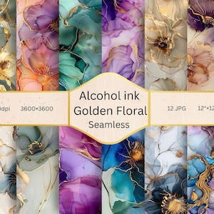 Alcohol Ink Golden floral, Seamless Floral Patterns, Digital Papers, Background and Textures, alcohol ink splatters, alcohol ink sublimation